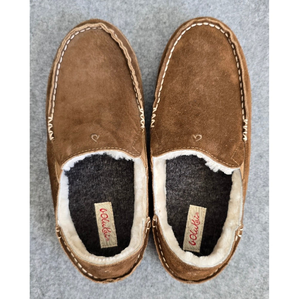 OluKai Women's Sz 8 Nohea Slippers brown nubuck leather shearling lining EUC